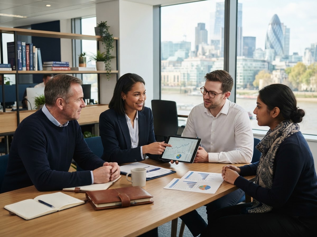 Moneystead team reviewing quantitative market analysis on a laptop while working remotely